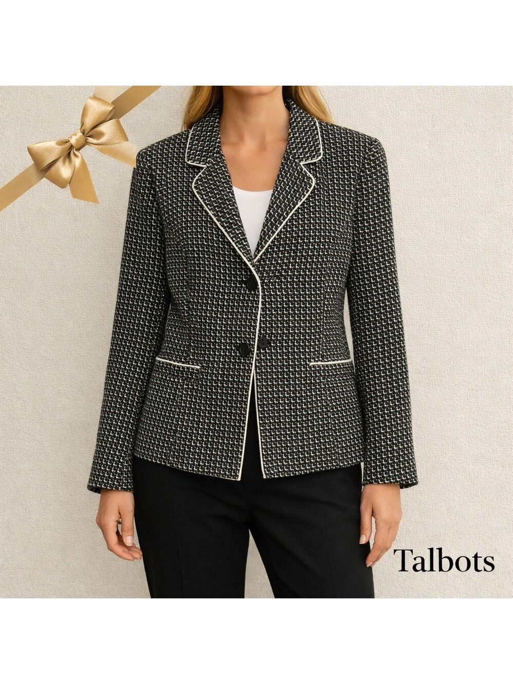 Talbots Black and White Tweed Blazer Geometric Jacket Large